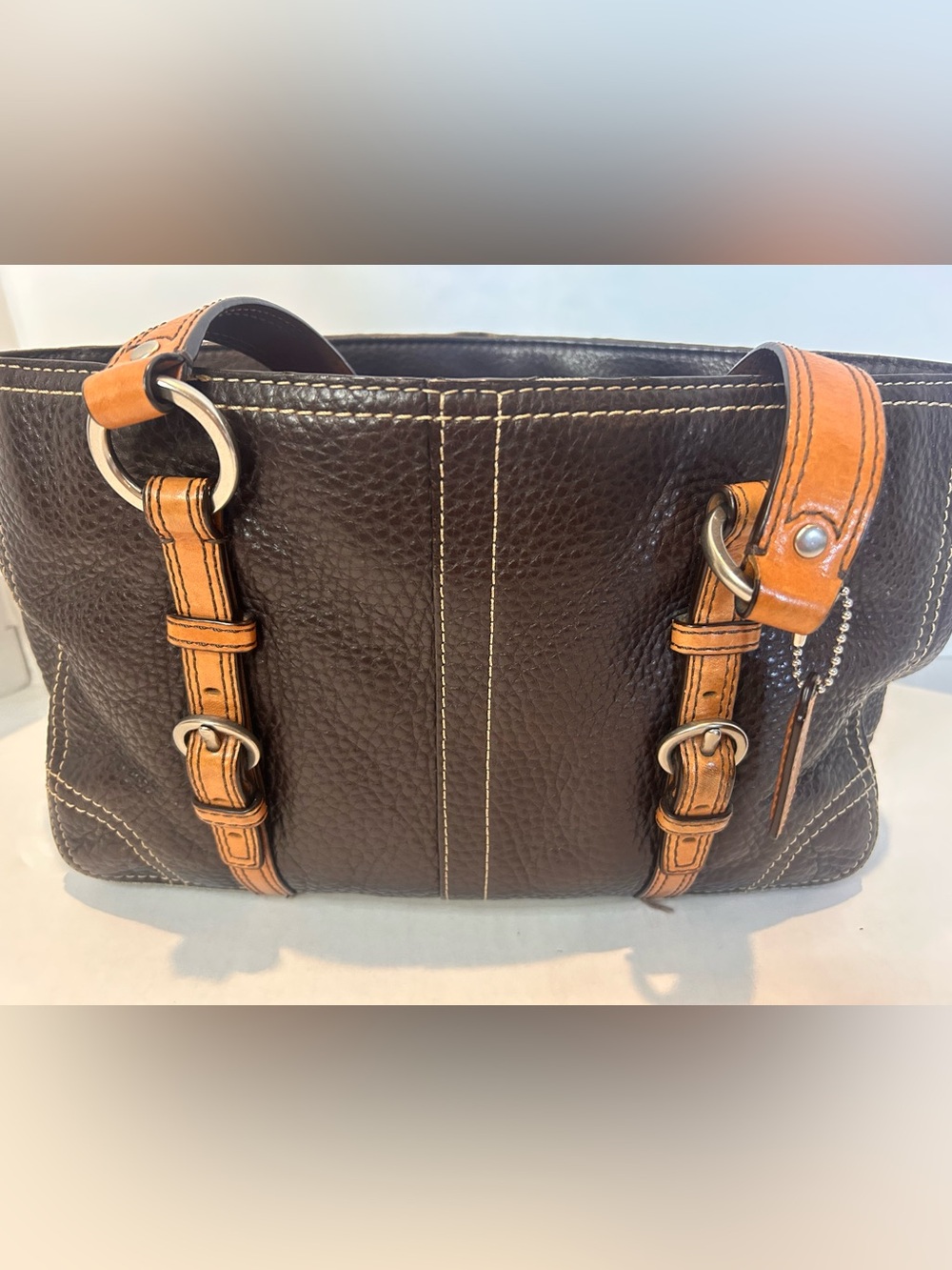 Vintage Coach Chelsea Leather Bag in Dark Brown with Tan Trim